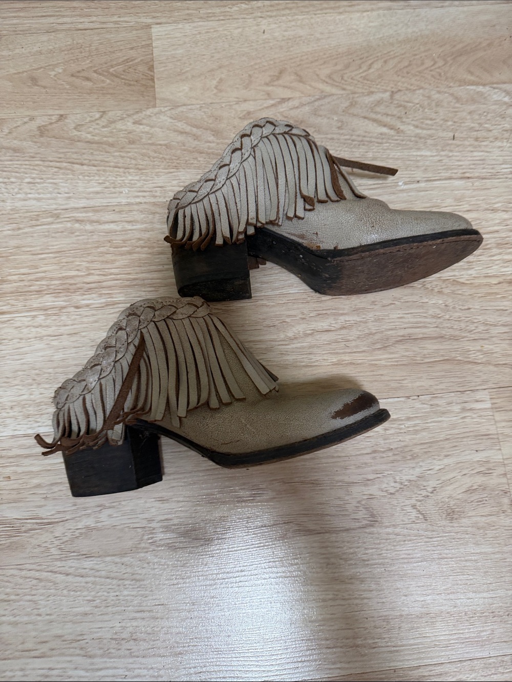 Fringe Leather Western Mules in Beige